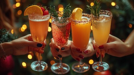 A festive display of colorful cocktails held by hands, set against a twinkling background.