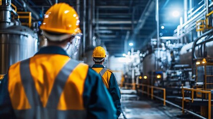 Industrial Workers in Hard Hats and Safety Vests Walking Through a Factory