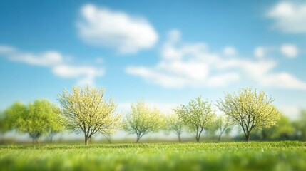 Obraz premium Serene Landscape with Blossoming Trees and Blue Sky