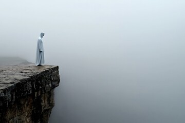 Obraz premium A white ghost figure standing at the edge of a cliff, its form almost blending with the mist, as it gazes into the distance