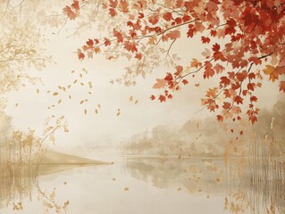 Autumnal Landscape with Red Leaves and Golden Foliage