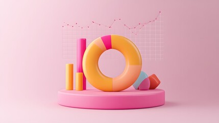Donut chart on pink background. 3d render illustration. 