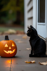 A black cat sitting beside a glowing jack-o'-lantern on a fall day, evoking a charming Halloween atmosphere.