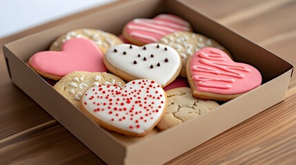 Fototapeta premium Delightful heart shaped cookies decorated with vibrant pink and red icing presented in a gift box perfect for Valentine s a special treat