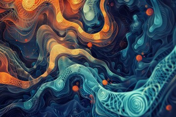 A colorful abstract painting of a wave with blue and orange swirls. The painting has a dreamy, surreal feel to it