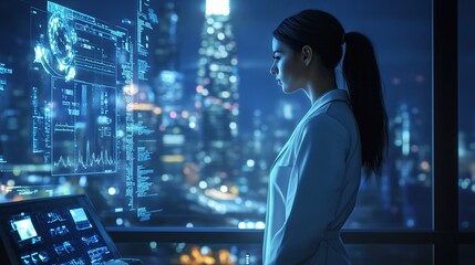 Naklejka premium Woman interacting with holographic technology at night.