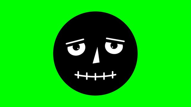 Animation of appearance of black and white sad depressive emoji on green background. From left, from top, by transparency, by skale. Depression sadness discontent terror fear