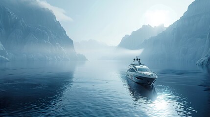 Luxury Yacht Sailing Through Misty Mountains