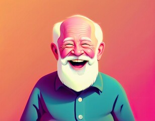 Obraz premium Vibrant illustration of a smiling elderly man with a large white beard laughing against a colorful background