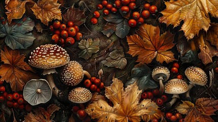 Fototapeta premium Autumn Forest Floor: Mushrooms and Berries Among Colorful Leaves