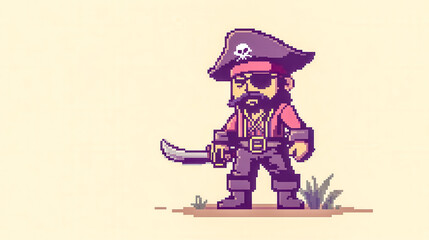 Pixel art pirate holding sword standing on ground