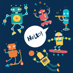 Robot set cartoon cute isolated background