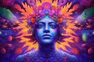 Fototapeta premium A vibrant, surreal portrait of a person with floral elements.