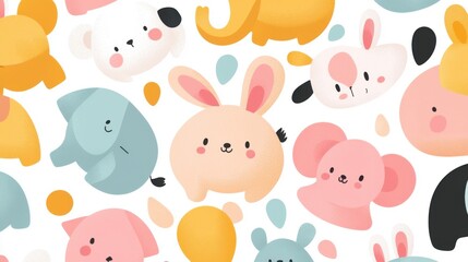 Fototapeta premium A pastel-colored pattern featuring cute baby animals like elephants bunnies and bears in a playful arrangement