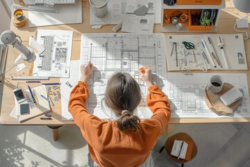 An architect at a drafting table, referencing a playbook filled with innovative designs, their expression a mix of creativity and precision.