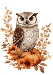 Fototapeta premium Soft watercolor owl with pumpkins and boho patterns, gentle fall colors, Boho Thanksgiving card, wild nature celebration