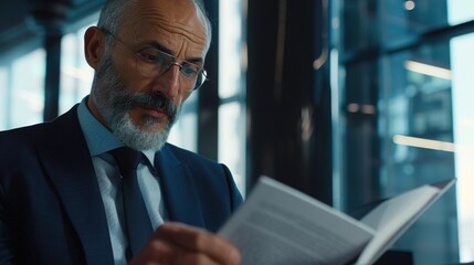 A business leader in a boardroom, flipping through a corporate playbook, their face showing a blend of confidence and strategic thinking as they plan the next steps.