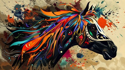 Obraz premium Male artist's depiction of a horse head with vibrant tribal designs.
