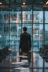 Fototapeta premium A CEO in a sleek, modern boardroom, consulting a playbook on business transformation strategies, their expression showing a mix of determination and visionary thinking.