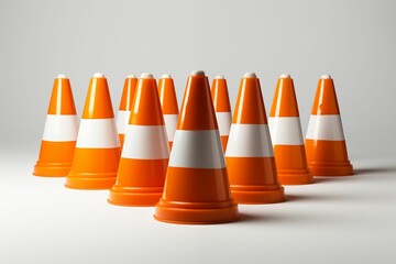 Group of orange and white street cones isolated on white background. Generative ai