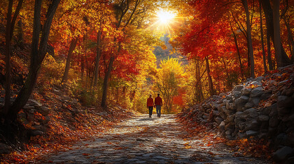 A couple walking down a path in a forest with leaves on the ground