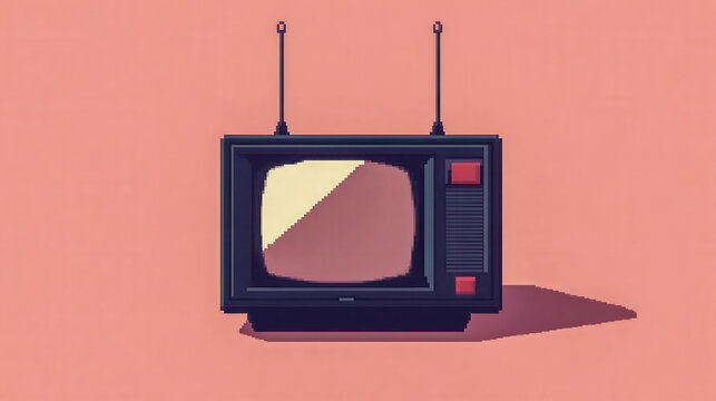 Pixel art illustration of a retro television on pink background