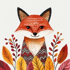 Obraz premium Watercolor fox and fall leaves with tribal patterns, boho accents, Boho Thanksgiving card, nature s spirit