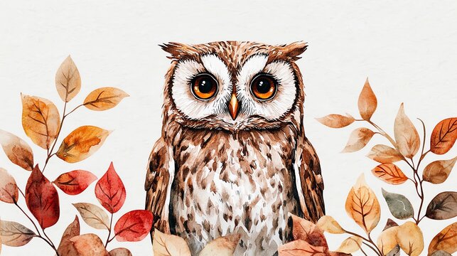 Watercolor owl with boho symbols and fall leaves, soft rustic tones, Boho Thanksgiving card, wild nature feast