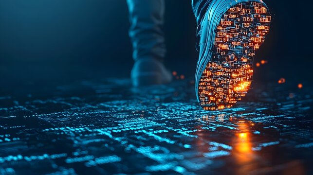 Fading footprints on a glowing digital path made of binary code symbolizing an online trail left behind as technology and data transform the landscape of the future