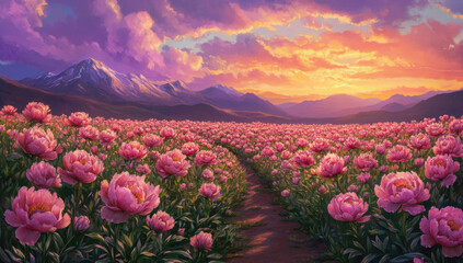 A breathtaking view of an endless field covered in vibrant purple peonies, with mountains and clouds adding to the magical atmosphere under a sky painted in vivid pink hues. Created with Ai