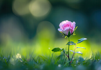 A single rose growing on lush green grass, with a blurred background of nature and a sense of tranquility. Created with Ai