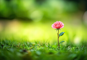 A single rose growing on lush green grass, captured in soft focus with a blurred background. Created with Ai