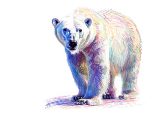 Fototapeta premium A vibrant, colorful drawing of a polar bear, rendered in a detailed, textured style. Perfect for nature-themed projects and designs with a touch of whimsy. Animals Art.