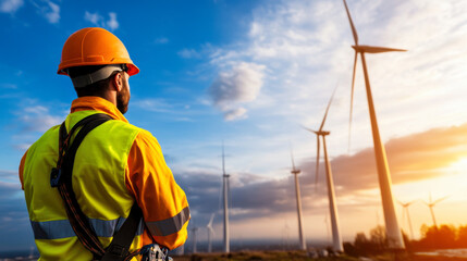Engineer observing wind turbines at sunset