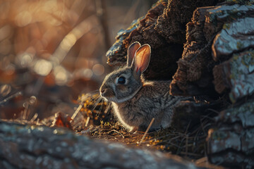 Obraz premium Image Description: A cute, fluffy bunny rabbit perched on a log in a sunlit forest, with a curious expression. Perfect for nature-themed projects and designs seeking a touch of innocence.