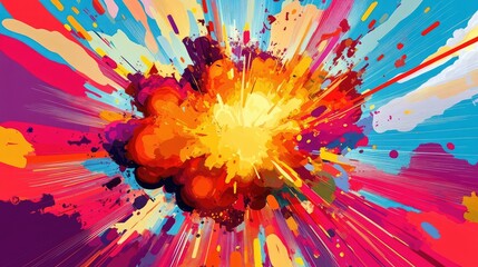 A vibrant cartoon explosion with a fiery blast, surrounded by jagged lines and exaggerated smoke clouds in bright colors.