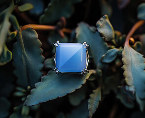 A square-shaped blue chalcedony stone ring is placed on the leaf of an ivy plant. Created with Ai