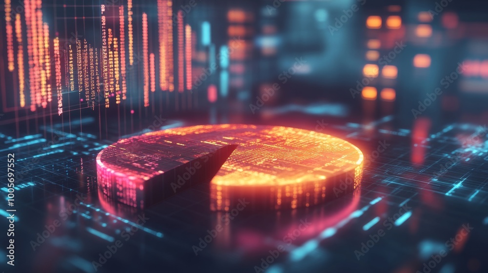Poster A dynamic 3D pie chart with each segment extruded to highlight financial data, set against a high-tech background with digital analytics and glowing numbers.