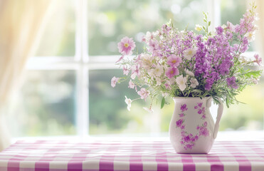  A vase of purple flowers sits atop the table in front of an open window. The table cloth features a checkered pattern. Created with Ai