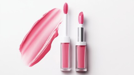 Obraz premium Pink lip gloss tint with color shading pallete smudge gel,Liquid lipsticks with smudge stroke paint,makeup cosmetic lips, product mockup for beauty fashion business,sale,swatch color,template.