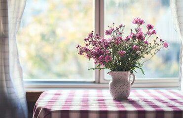 A pink and white checkered tablecloth is on the windowsill. There is an old vase with purple flowers in it. Created with Ai