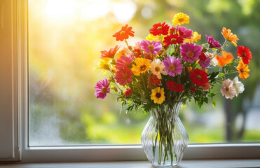  A vase of colorful flowers is placed on the windowsill, with sunlight streaming through the window onto them. Created with Ai