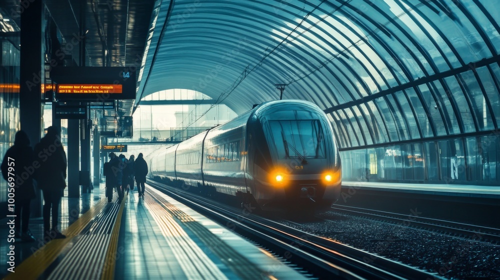 Aufkleber a dynamic action shot of a high-speed train arriving at a modern station, with passengers eagerly aw