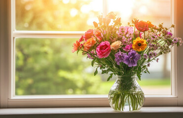 A vase of colorful flowers is placed on the windowsill, with sunlight streaming through and illuminating them. Created with Ai