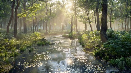Fototapeta premium Sunlit Forest Stream: A Tranquil Morning Landscape