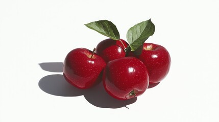 Obraz premium Fresh Ripe Red Apples with Green Leaves on White Background - Close-up Detailed View of Juicy Fruits