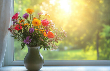 A beautiful bouquet of colorful flowers in front of the window, with sunlight shining through the glass on it. Created with Ai