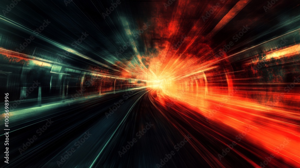 Poster a dynamic scene of a train speeding along the tracks, with motion blur effects emphasizing speed, ca
