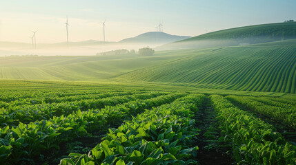 Lush Green Agricultural Field with Wind Turbines and Rolling Hills at Sunrise