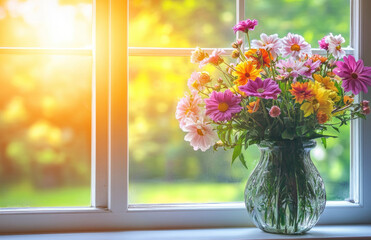 A beautiful bouquet of colorful flowers in front of the window, sunlight shining through the glass on it, creating a warm and comfortable atmosphere. Created with Ai